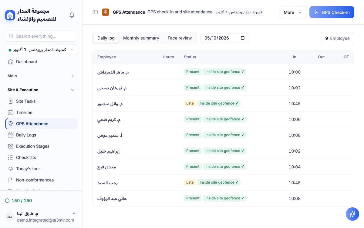 Ta3mir attendance page with the daily worker check-in log