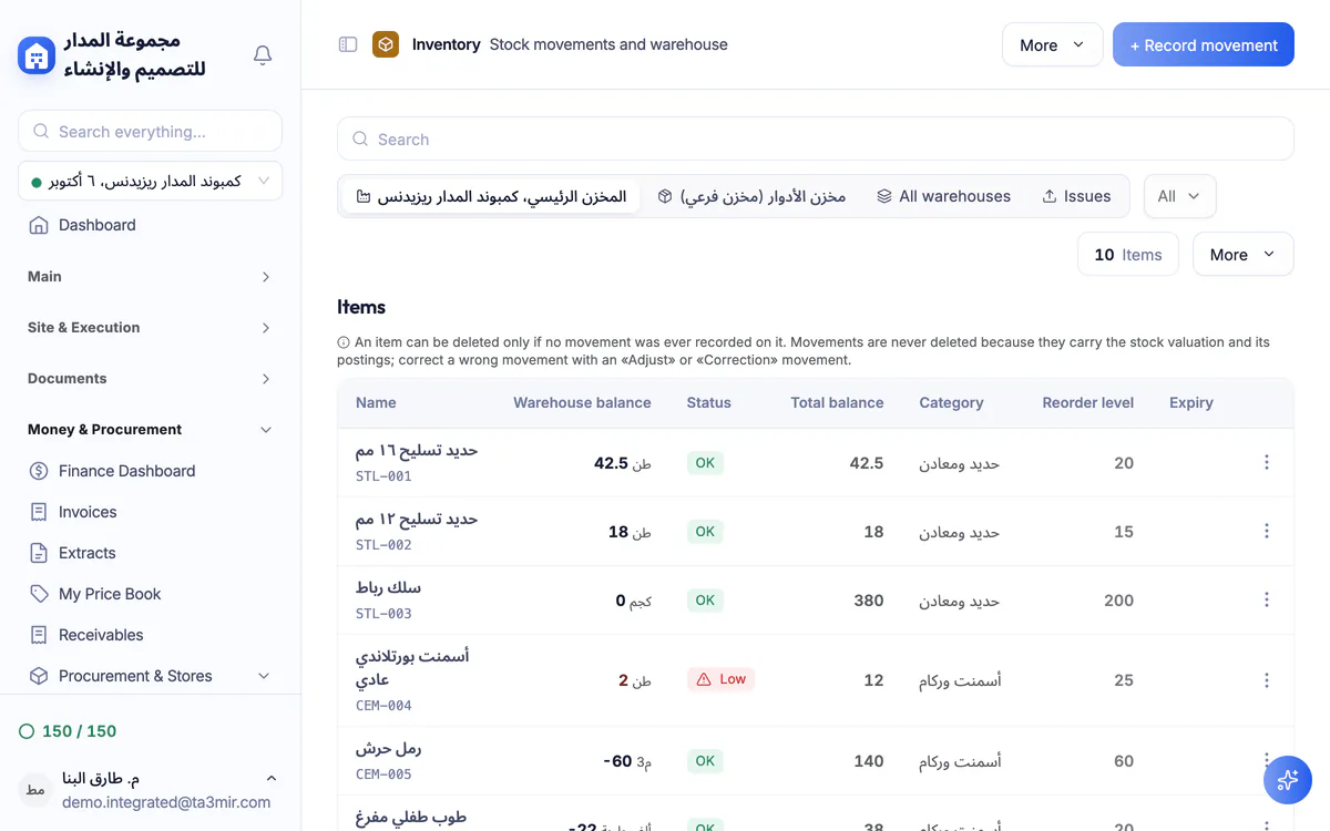 Ta3mir warehouse page with item balances and reorder levels