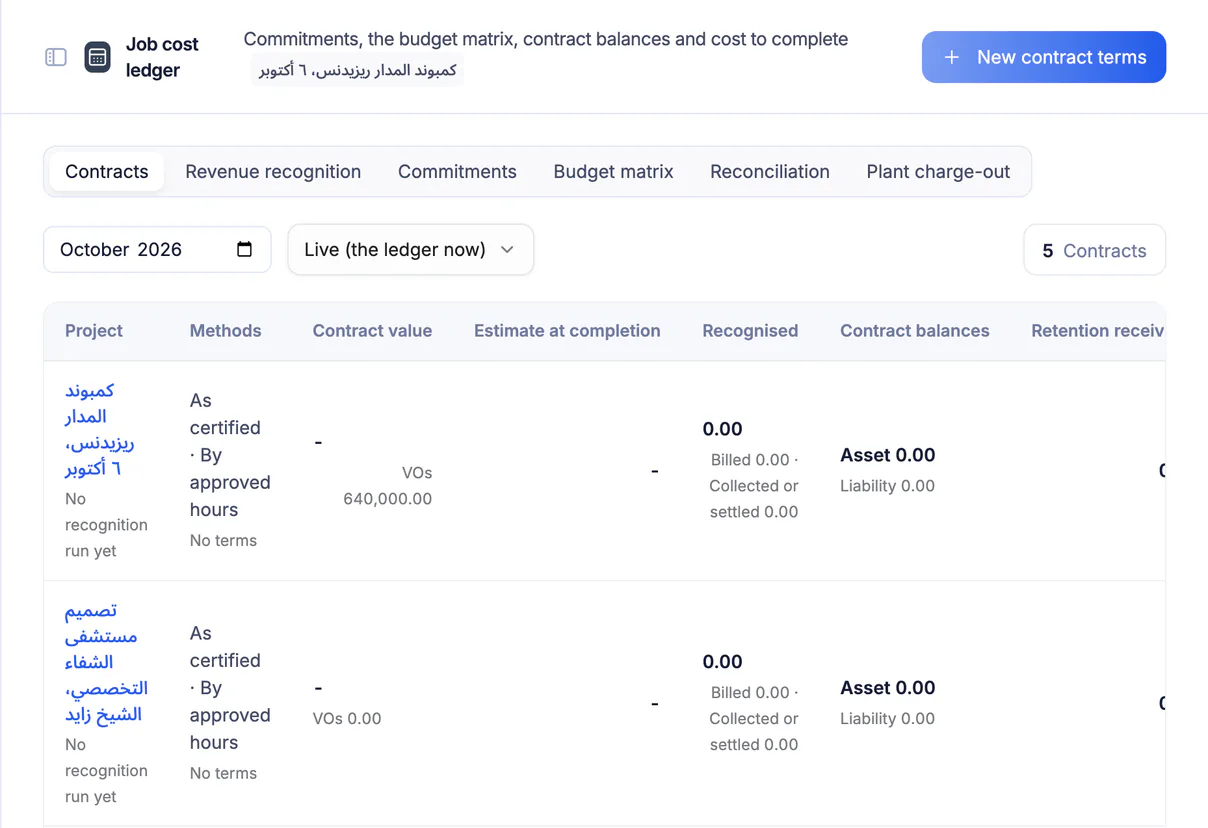 Ta3mir screenshot: a project cost ledger with commitments, budget matrix and cost to complete