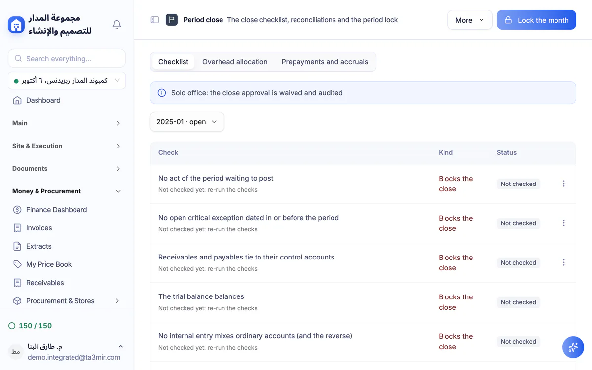 Ta3mir screenshot: the period close checklist and adjustments