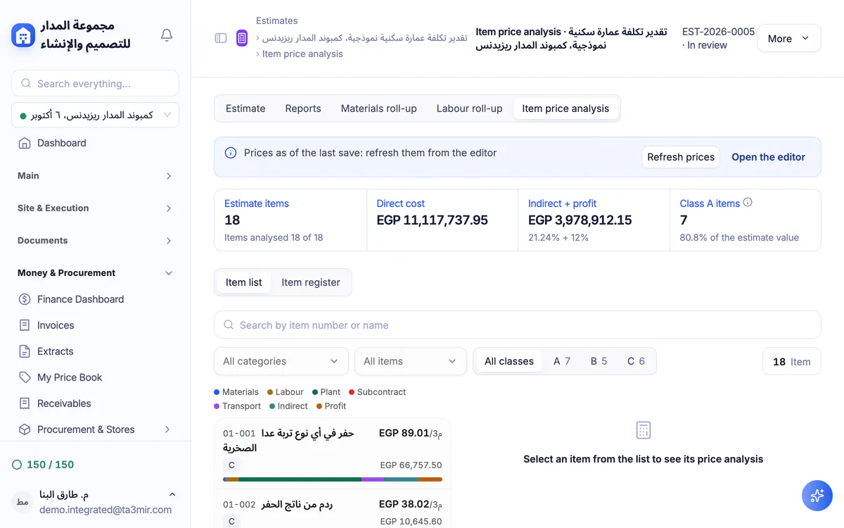 Ta3mir screenshot: the item rate analysis page