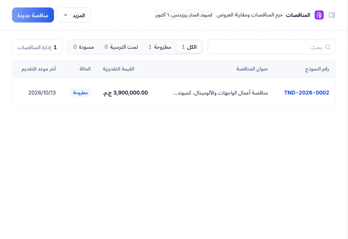 لقطة شاشة من تعمير: سجل المناقصات ومقدّمو العطاءات وجدول مقارنة العروض