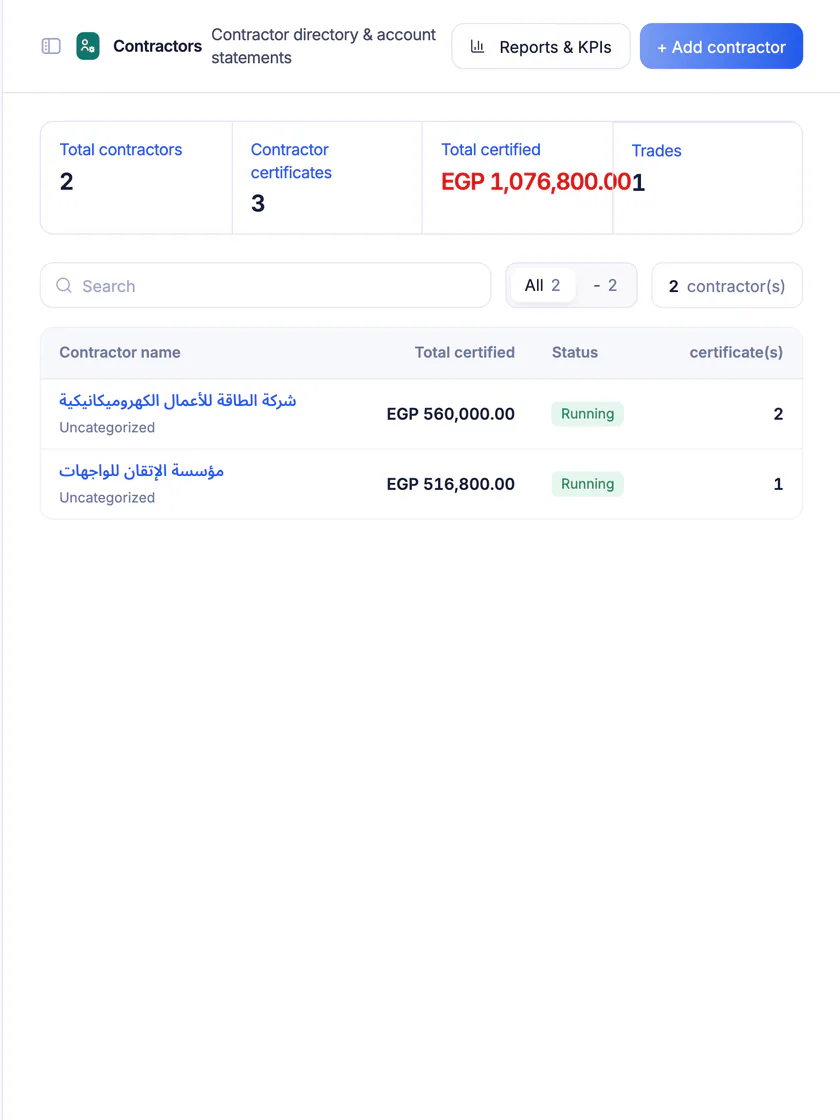 Ta3mir screenshot: the subcontractor register with their certificates