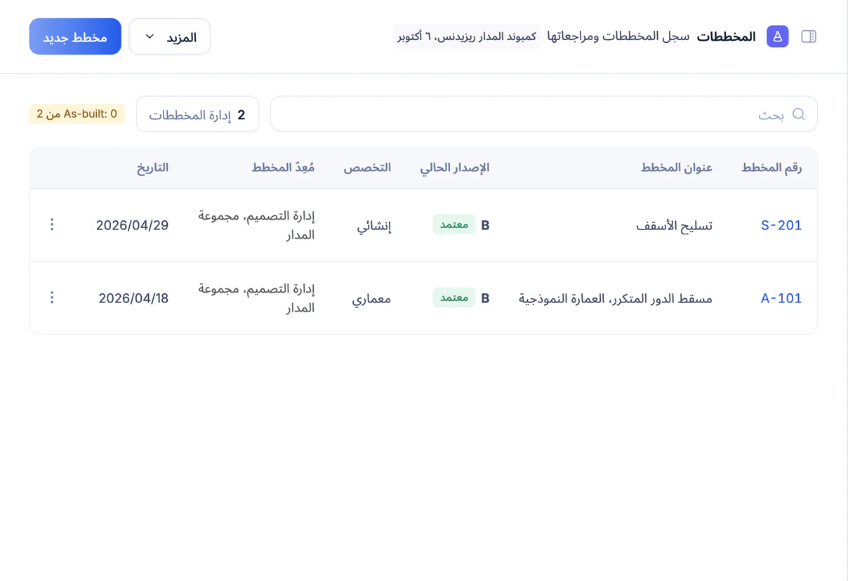 لقطة شاشة من تعمير: سجل المخططات بإصداراتها وحالاتها