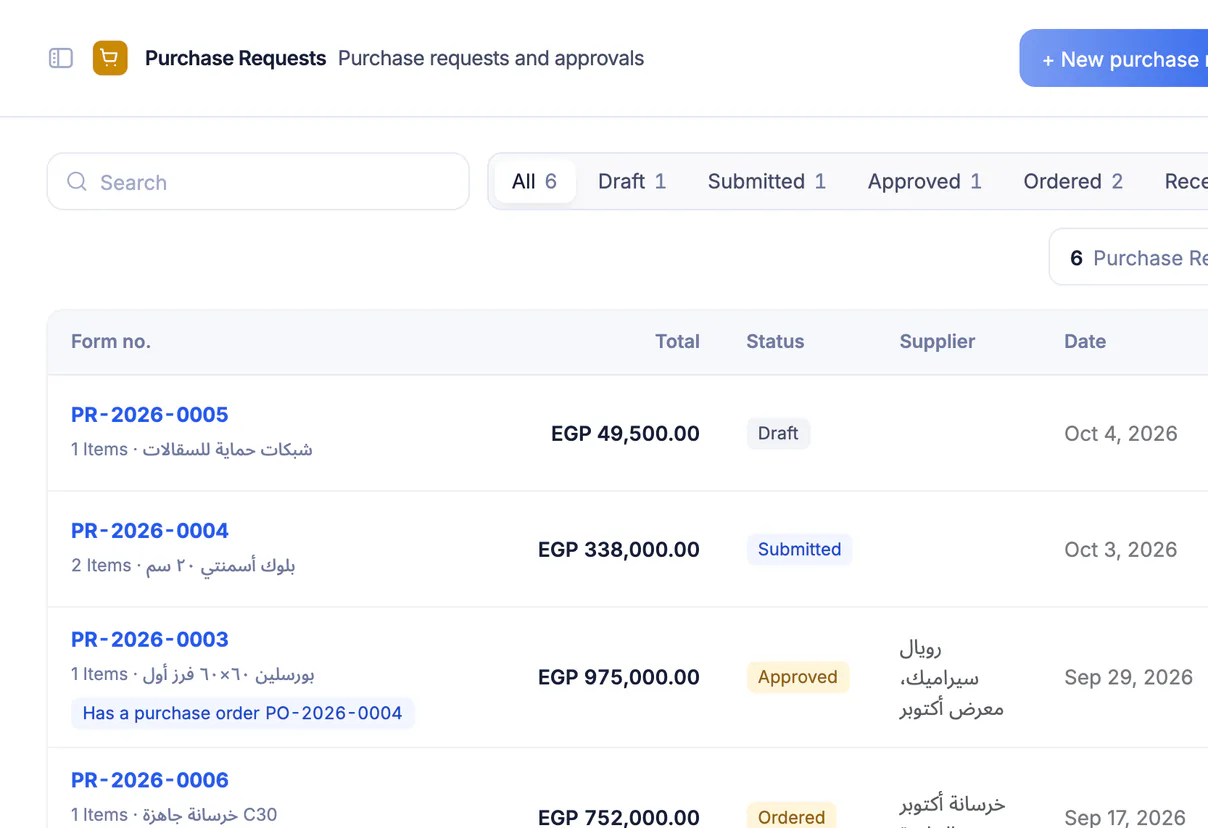 Ta3mir screenshot: purchase requests and their approval status