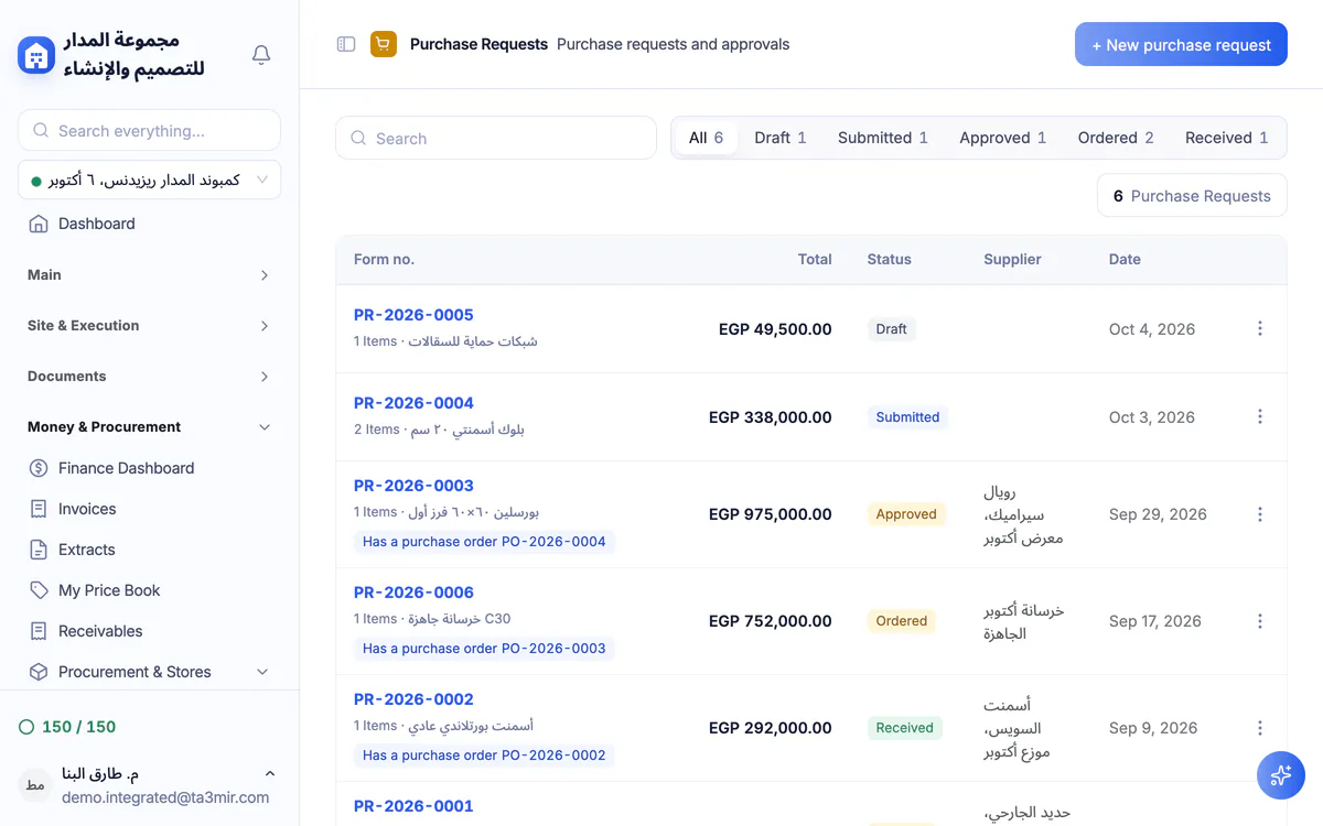 Ta3mir screenshot: purchase requests