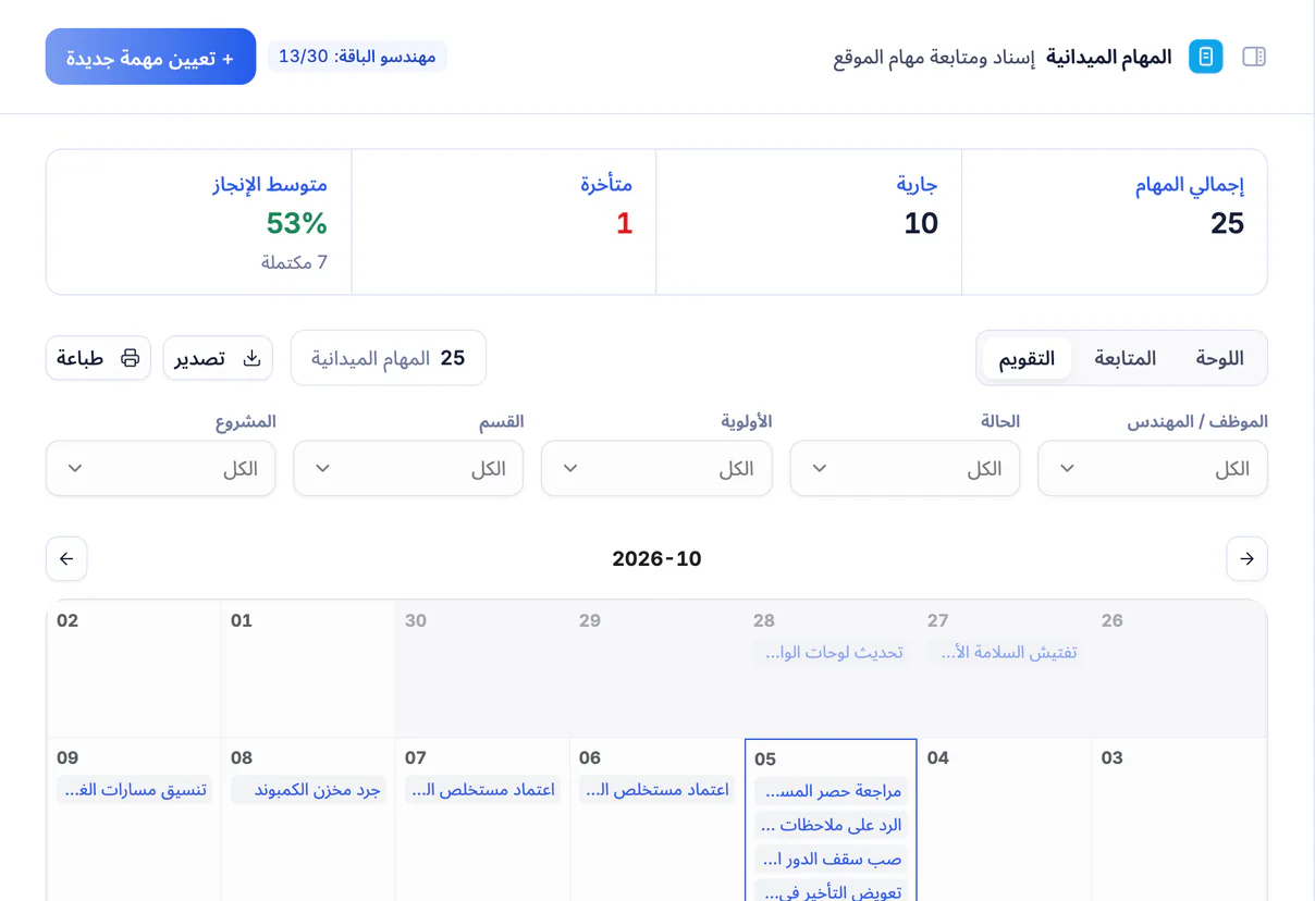لقطة شاشة من تعمير: تقويم المهام الميدانية بمواعيد تسليمها