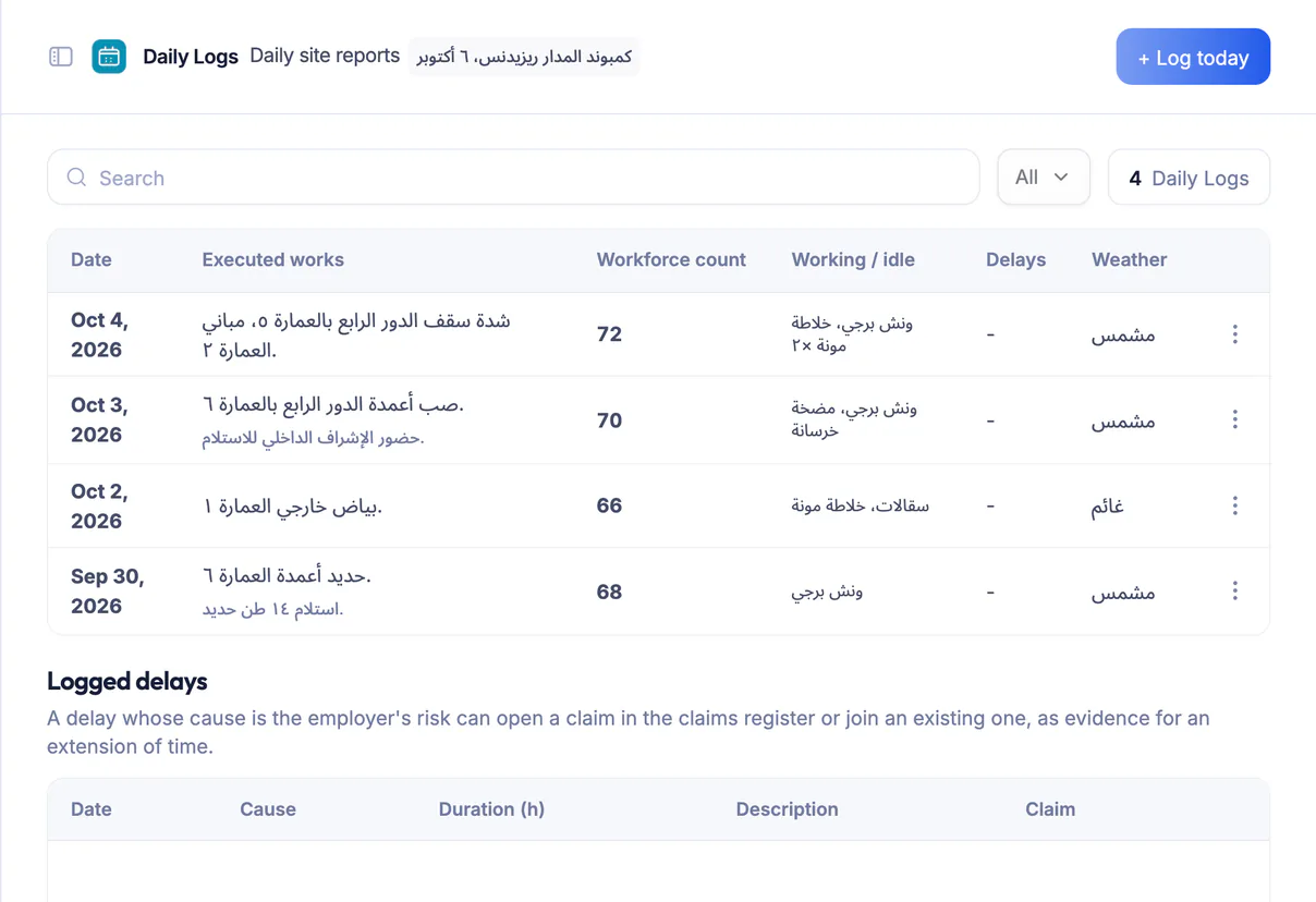 Ta3mir screenshot: daily site logs with workforce, work done and weather