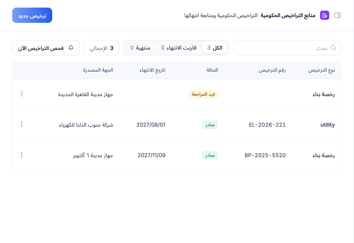 لقطة شاشة من تعمير: متابع التراخيص الحكومية وتواريخ انتهائها